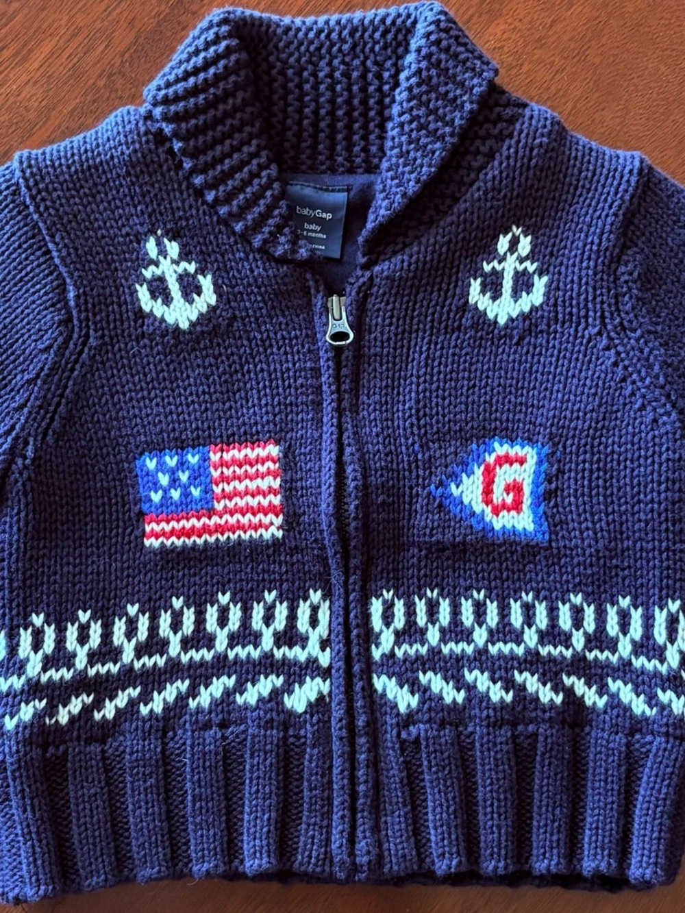 baby GAP Nautical Intarsia Shawl Collar 100% Cotton Cardigan Zip Sweater |3-6 m